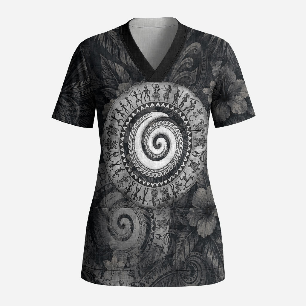 Hawaiian Piko Scrub Top Cultural Anchor Connect Your Roots Ocean Waves TS04 Adult Black Grey - Polynesian Pride