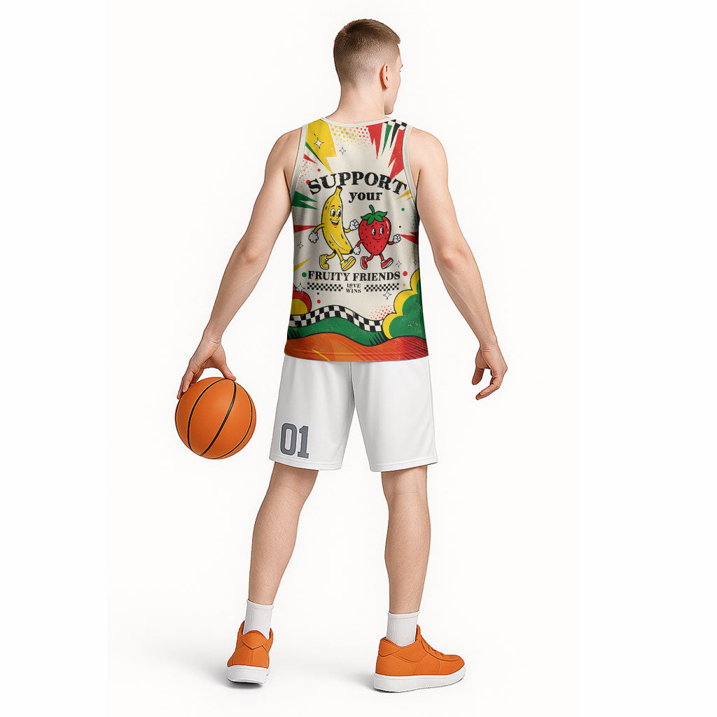 Support Your Fruity Friends Love Wins Gay Pride Basketball Jersey LGBTQ Retro 30s Cartoon Checkered