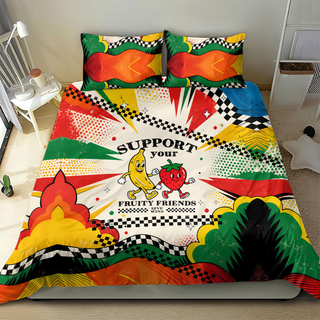 Support Your Fruity Friends Love Wins Gay Pride Bedding Set LGBTQ Retro 30s Cartoon Checkered