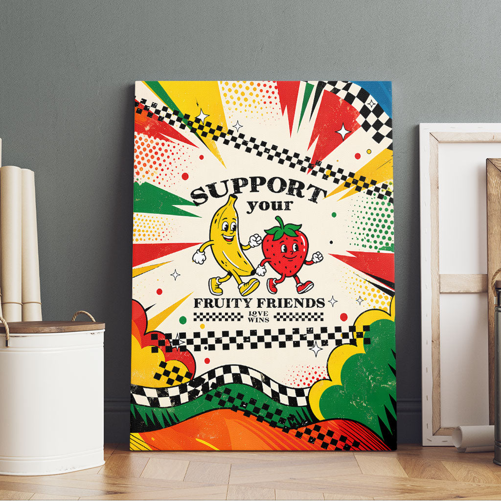 Support Your Fruity Friends Love Wins Gay Pride Canvas Wall Art LGBTQ Retro 30s Cartoon Checkered