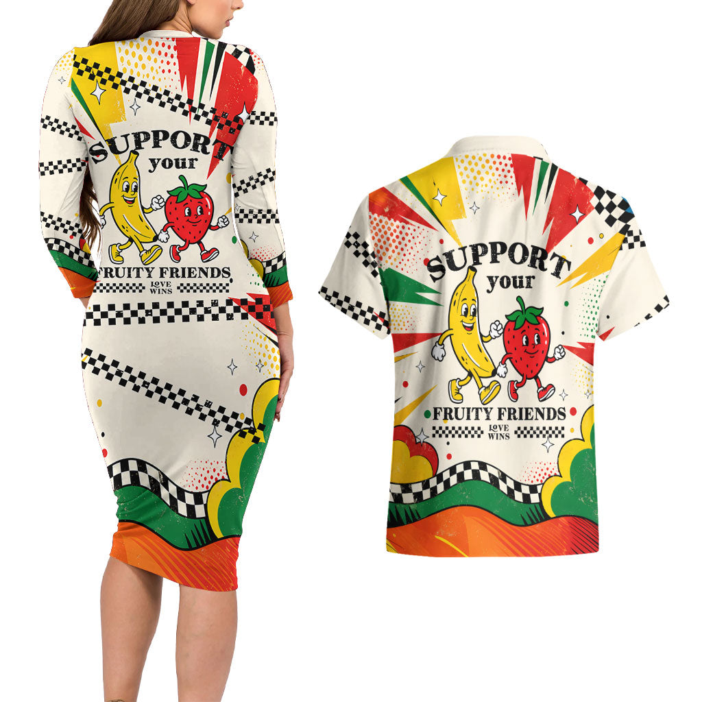 Support Your Fruity Friends Love Wins Gay Pride Couples Matching Long Sleeve Bodycon Dress and Hawaiian Shirt LGBTQ Retro 30s Cartoon Checkered