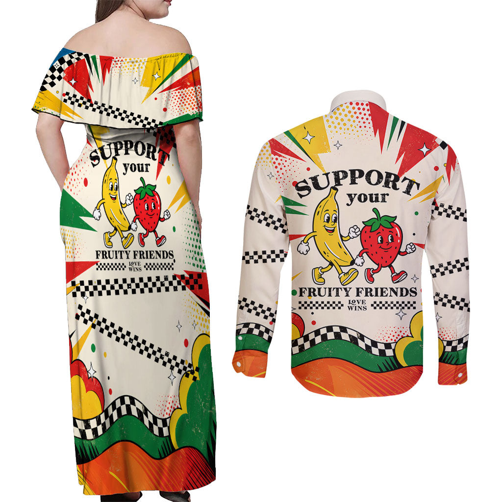 Support Your Fruity Friends Love Wins Gay Pride Couples Matching Off Shoulder Maxi Dress and Long Sleeve Button Shirt LGBTQ Retro 30s Cartoon Checkered