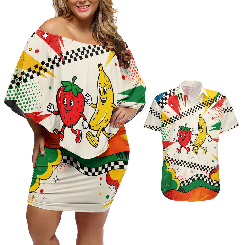 Support Your Fruity Friends Love Wins Gay Pride Couples Matching Off Shoulder Short Dress and Hawaiian Shirt LGBTQ Retro 30s Cartoon Checkered