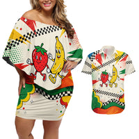 Support Your Fruity Friends Love Wins Gay Pride Couples Matching Off Shoulder Short Dress and Hawaiian Shirt LGBTQ Retro 30s Cartoon Checkered