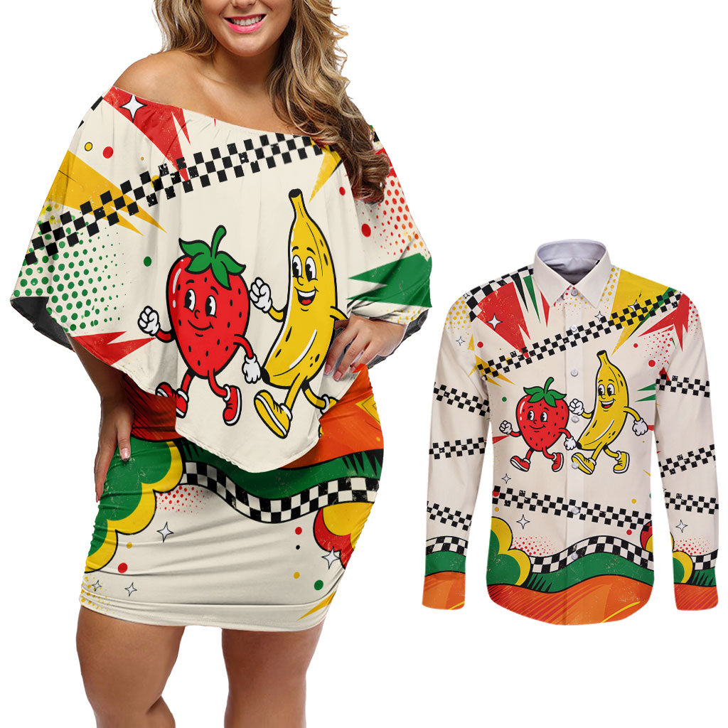 Support Your Fruity Friends Love Wins Gay Pride Couples Matching Off Shoulder Short Dress and Long Sleeve Button Shirt LGBTQ Retro 30s Cartoon Checkered