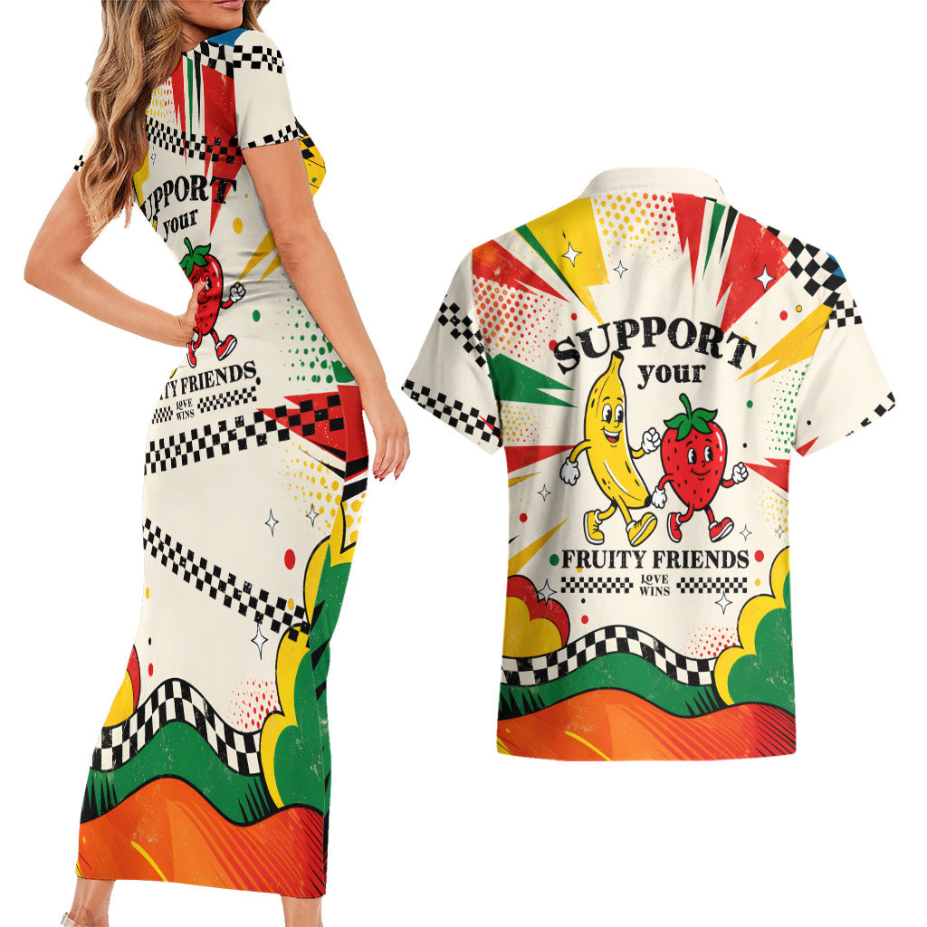 Support Your Fruity Friends Love Wins Gay Pride Couples Matching Short Sleeve Bodycon Dress and Hawaiian Shirt LGBTQ Retro 30s Cartoon Checkered