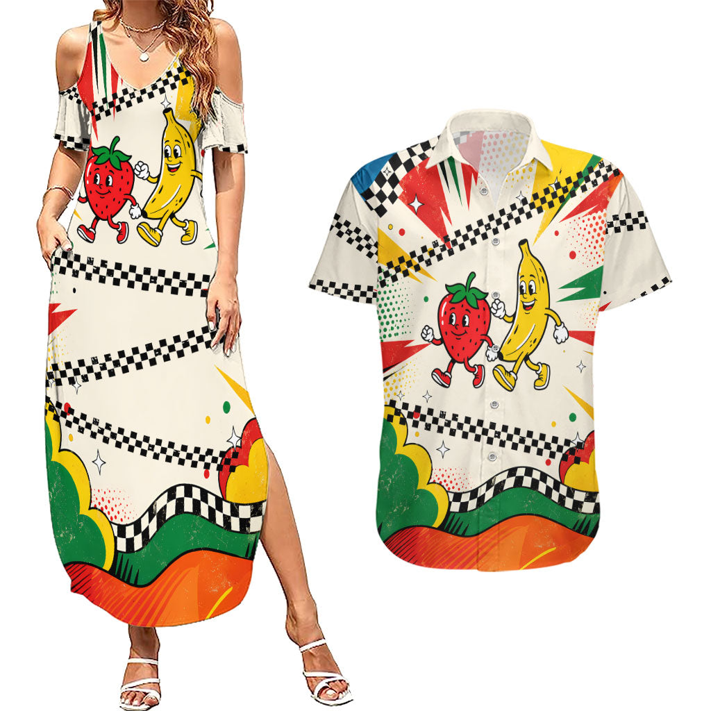 Support Your Fruity Friends Love Wins Gay Pride Couples Matching Summer Maxi Dress and Hawaiian Shirt LGBTQ Retro 30s Cartoon Checkered