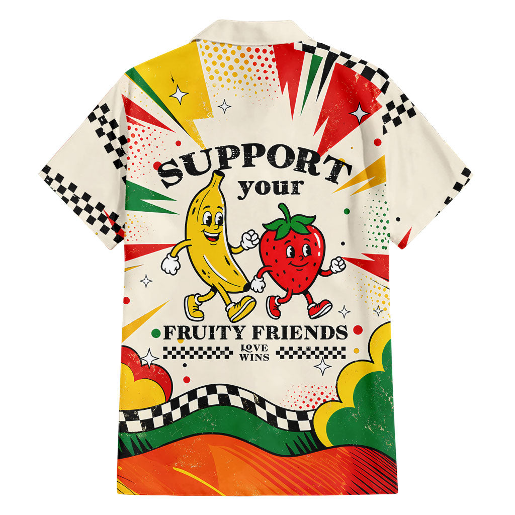 Support Your Fruity Friends Love Wins Gay Pride Family Matching Off The Shoulder Long Sleeve Dress and Hawaiian Shirt LGBTQ Retro 30s Cartoon Checkered