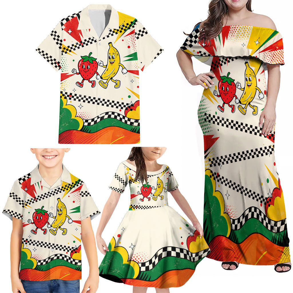 Support Your Fruity Friends Love Wins Gay Pride Family Matching Off Shoulder Maxi Dress and Hawaiian Shirt LGBTQ Retro 30s Cartoon Checkered