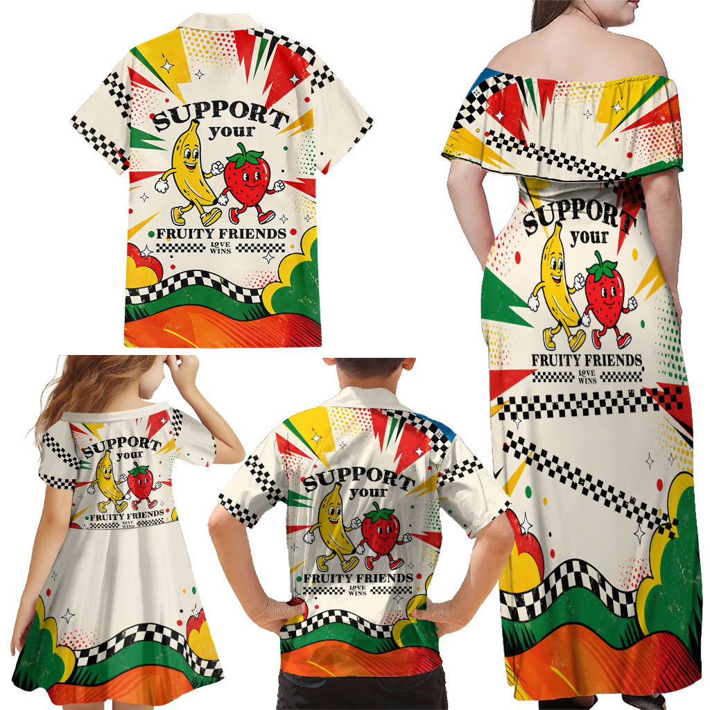 Support Your Fruity Friends Love Wins Gay Pride Family Matching Off Shoulder Maxi Dress and Hawaiian Shirt LGBTQ Retro 30s Cartoon Checkered