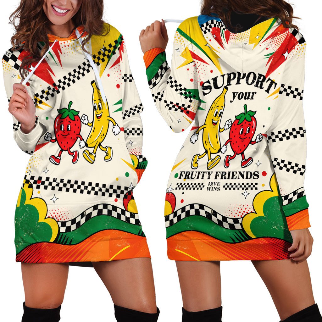 Support Your Fruity Friends Love Wins Gay Pride Hoodie Dress LGBTQ Retro 30s Cartoon Checkered