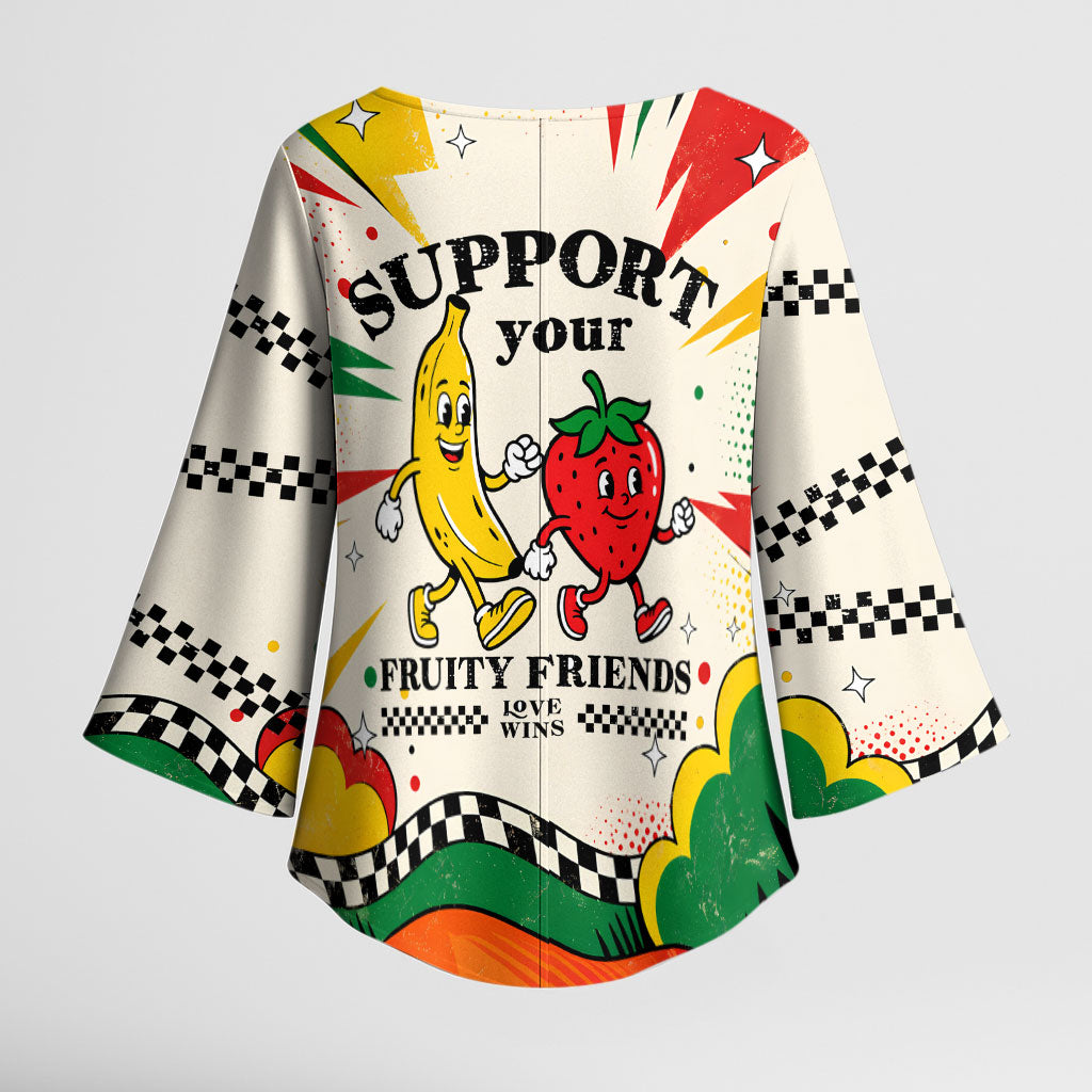 Support Your Fruity Friends Love Wins Gay Pride Kimono Sleeve Blouse LGBTQ Retro 30s Cartoon Checkered