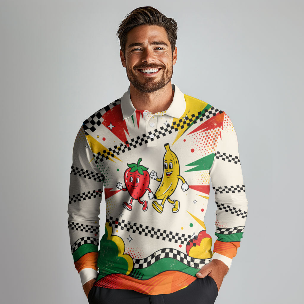 Support Your Fruity Friends Love Wins Gay Pride Long Sleeve Polo Shirt LGBTQ Retro 30s Cartoon Checkered