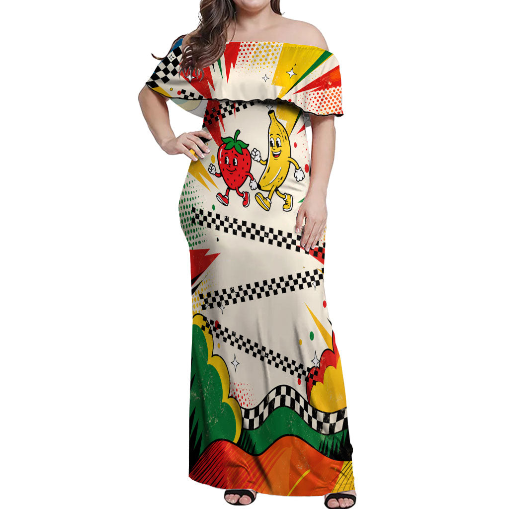 Support Your Fruity Friends Love Wins Gay Pride Off Shoulder Maxi Dress LGBTQ Retro 30s Cartoon Checkered