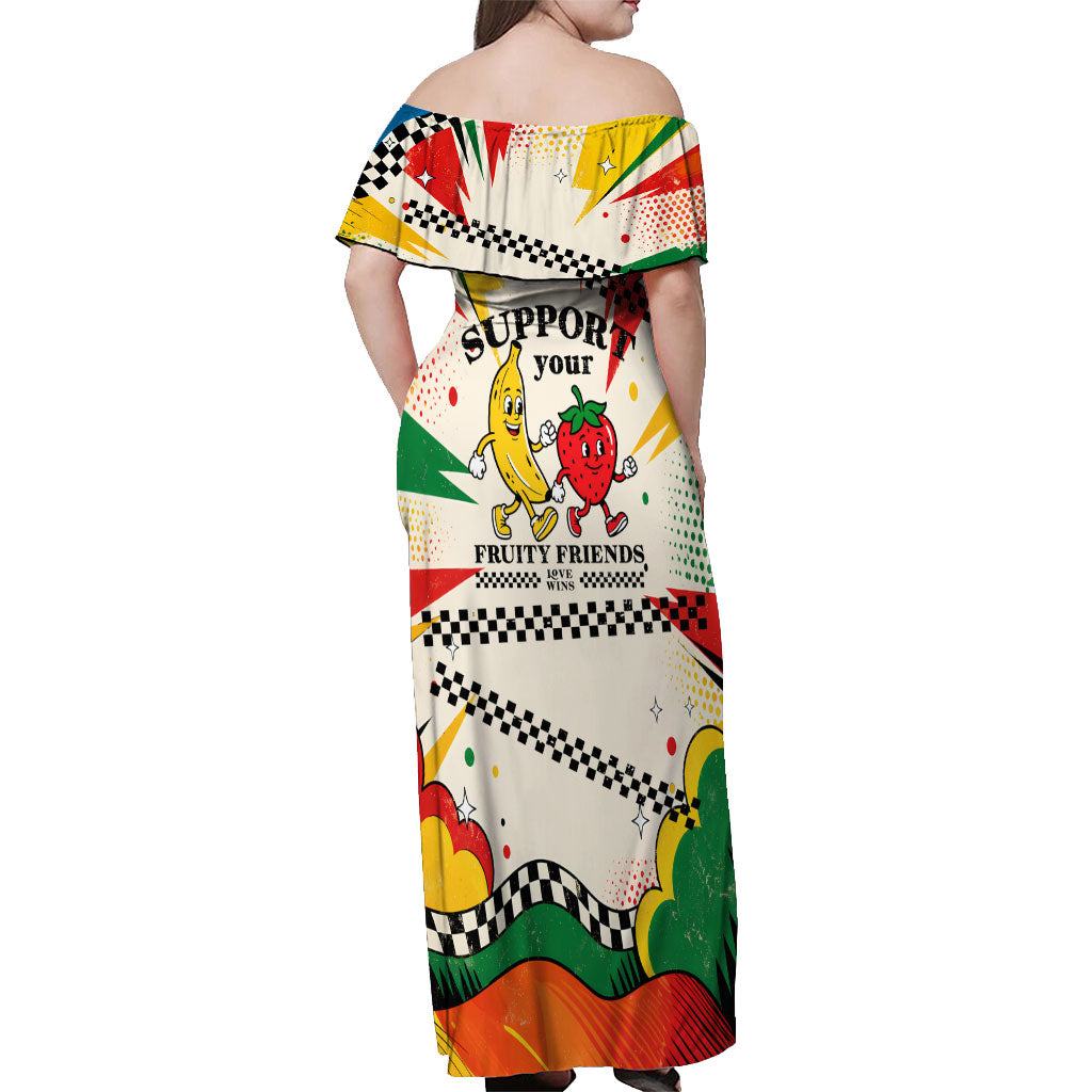 Support Your Fruity Friends Love Wins Gay Pride Off Shoulder Maxi Dress LGBTQ Retro 30s Cartoon Checkered