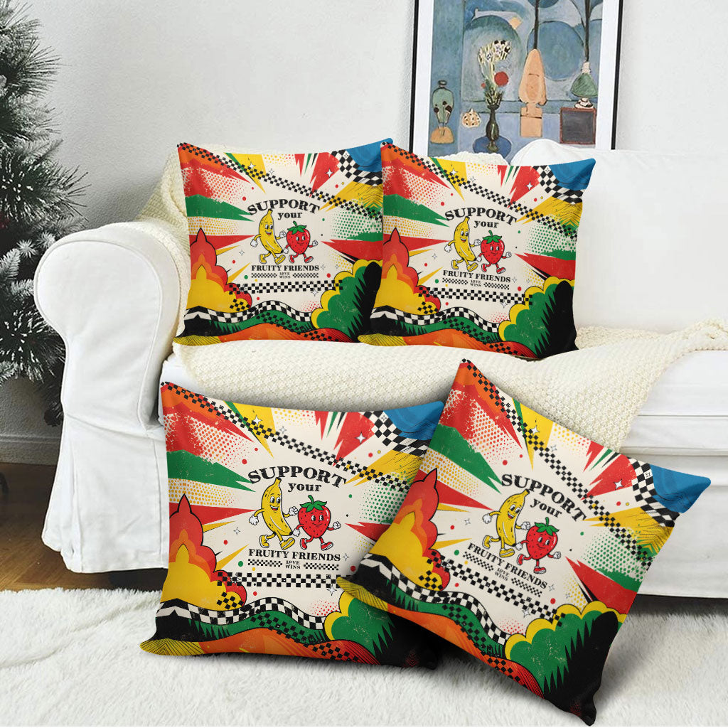 Support Your Fruity Friends Love Wins Gay Pride Pillow Cover LGBTQ Retro 30s Cartoon Checkered