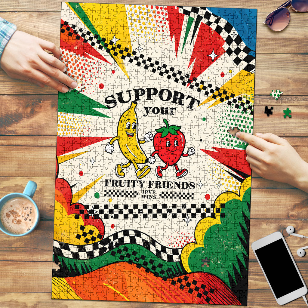 Support Your Fruity Friends Love Wins Gay Pride Puzzle LGBTQ Retro 30s Cartoon Checkered