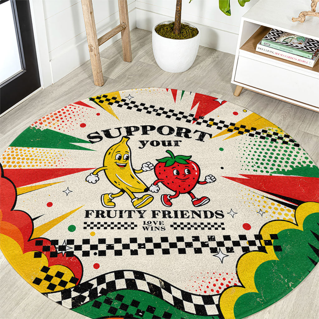 Support Your Fruity Friends Love Wins Gay Pride Round Carpet LGBTQ Retro 30s Cartoon Checkered