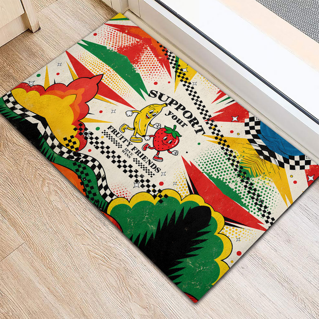 Support Your Fruity Friends Love Wins Gay Pride Rubber Doormat LGBTQ Retro 30s Cartoon Checkered