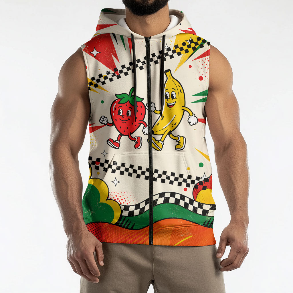 Support Your Fruity Friends Love Wins Gay Pride Sleeveless Zip Hoodie LGBTQ Retro 30s Cartoon Checkered