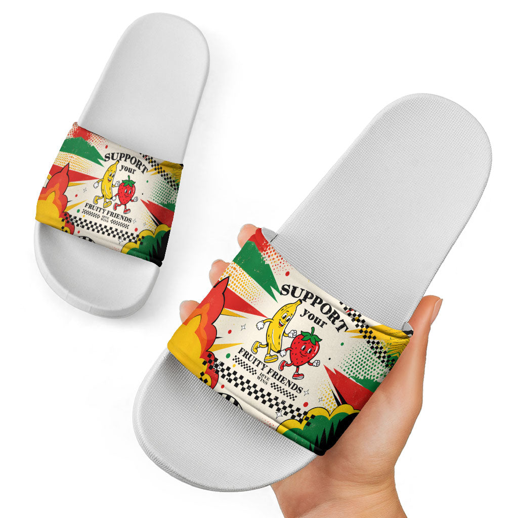 Support Your Fruity Friends Love Wins Gay Pride Slide Sandals LGBTQ Retro 30s Cartoon Checkered