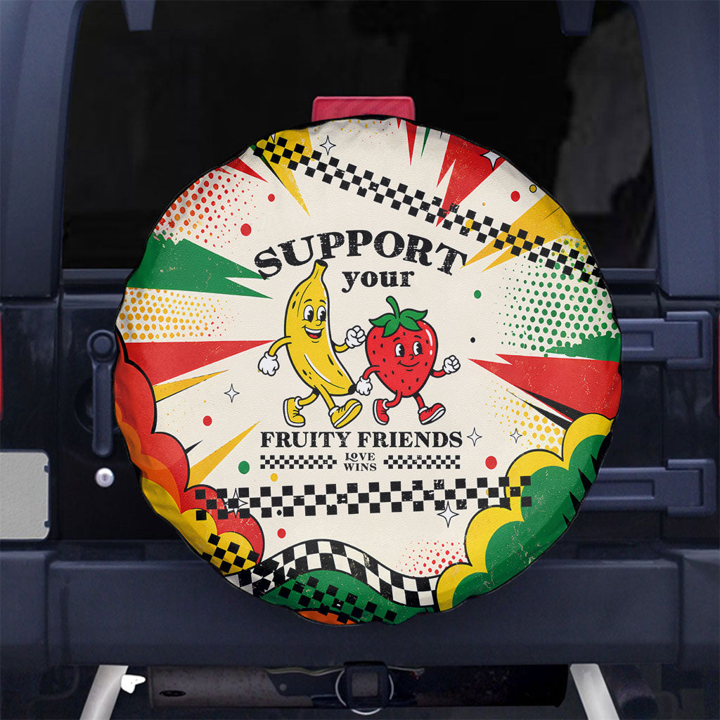 Support Your Fruity Friends Love Wins Gay Pride Spare Tire Cover LGBTQ Retro 30s Cartoon Checkered
