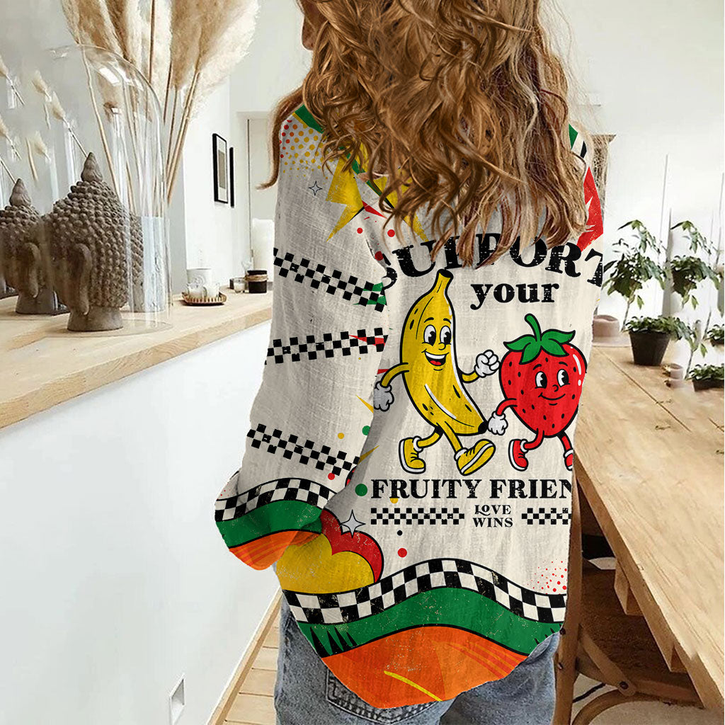Support Your Fruity Friends Love Wins Gay Pride Women Casual Shirt LGBTQ Retro 30s Cartoon Checkered