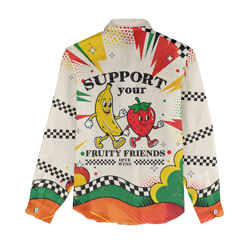 Support Your Fruity Friends Love Wins Gay Pride Women Casual Shirt LGBTQ Retro 30s Cartoon Checkered