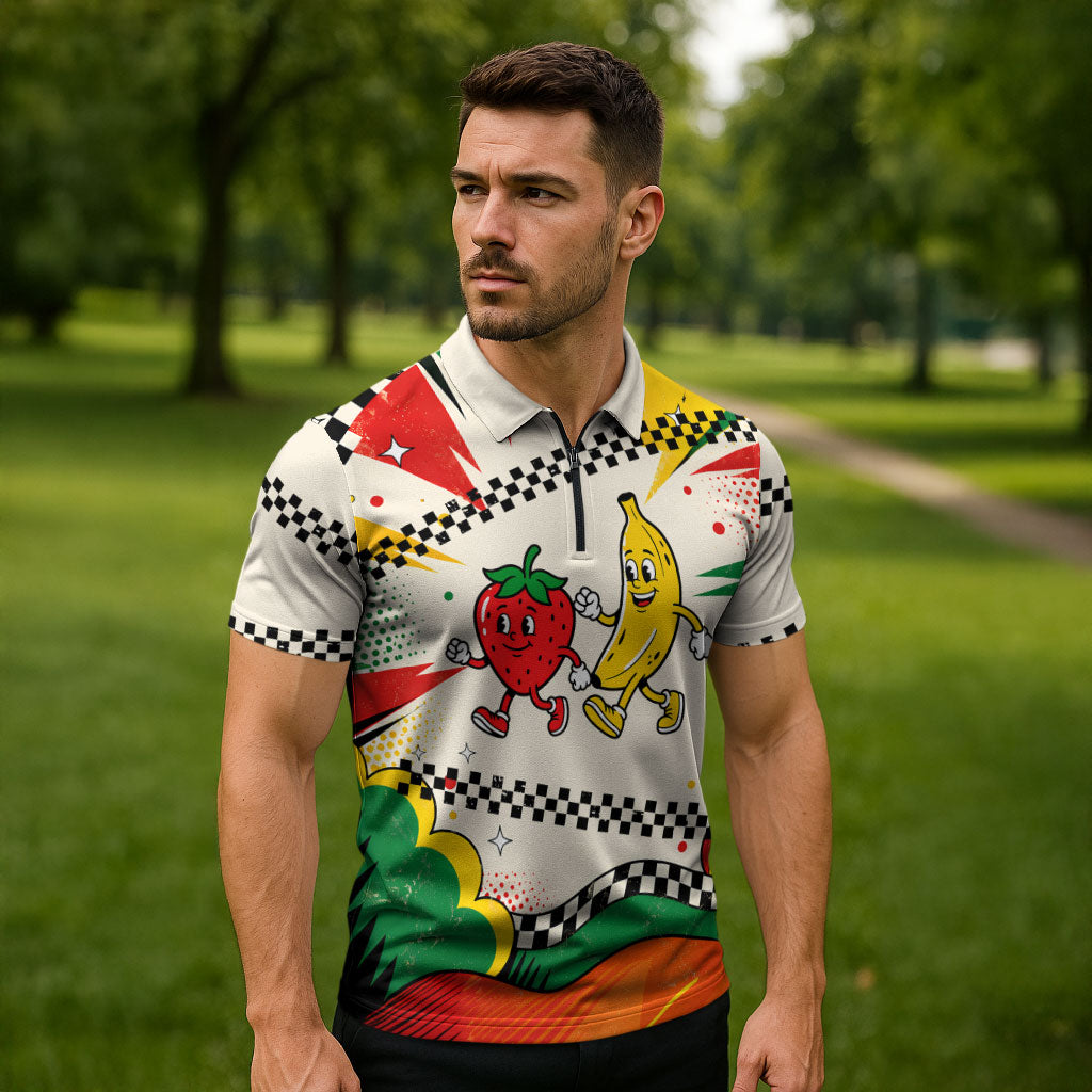 Support Your Fruity Friends Love Wins Gay Pride Zipper Polo Shirt LGBTQ Retro 30s Cartoon Checkered