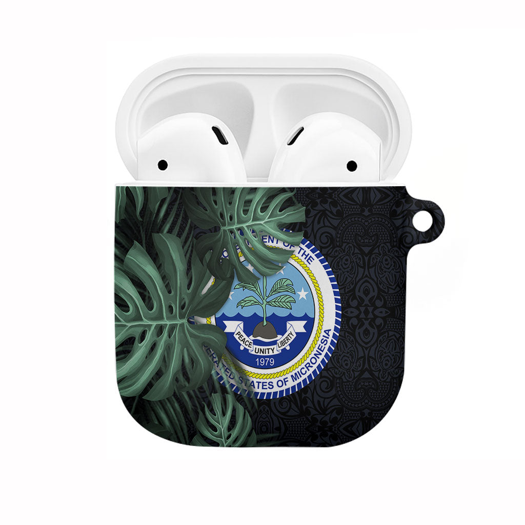 Federated States Of Micronesia AirPods Case FSM Tropical Monstera Leaf Dark Tribal Pattern TS04 Black Green - Polynesian Pride