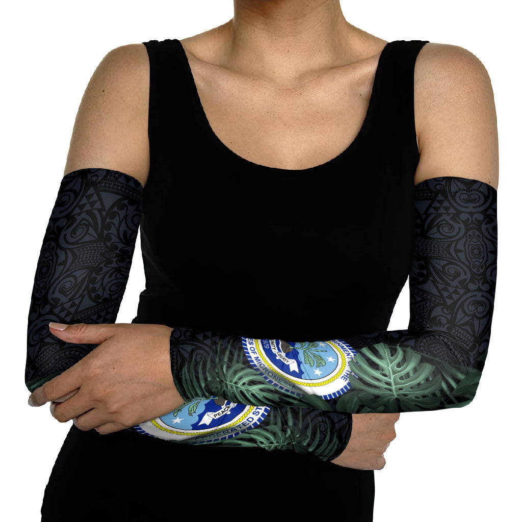 Federated States Of Micronesia Arm Sleeves FSM Tropical Monstera Leaf Dark Tribal Pattern TS04 - Polynesian Pride