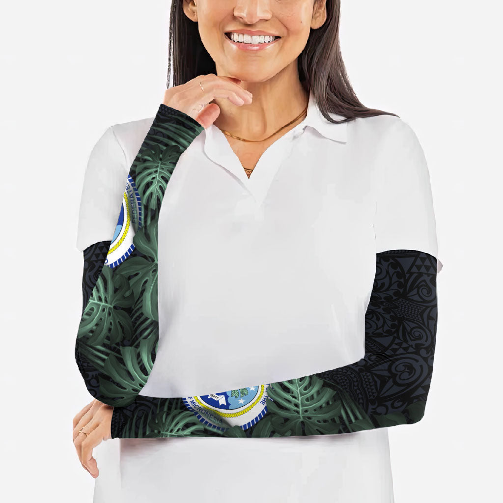 Federated States Of Micronesia Arm Sleeves FSM Tropical Monstera Leaf Dark Tribal Pattern TS04 - Polynesian Pride