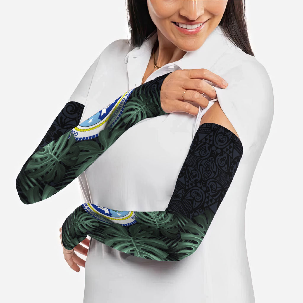 Federated States Of Micronesia Arm Sleeves FSM Tropical Monstera Leaf Dark Tribal Pattern TS04 - Polynesian Pride