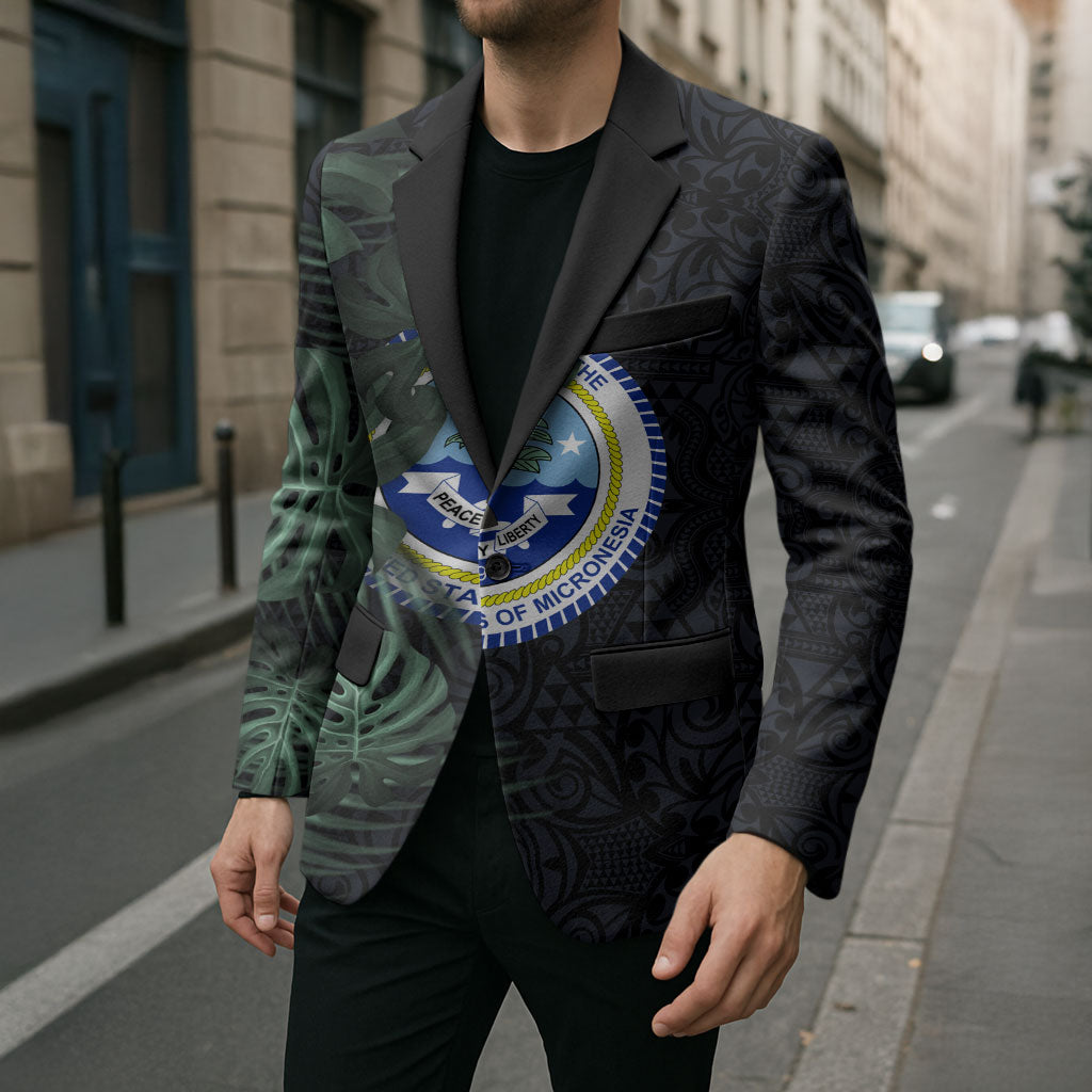 Federated States Of Micronesia Blazer FSM Tropical Monstera Leaf Dark Tribal Pattern TS04 - Polynesian Pride