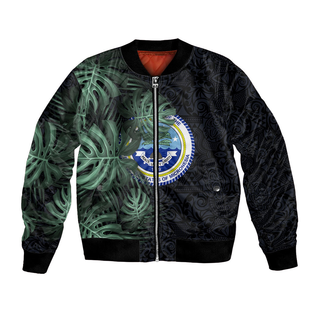 Federated States Of Micronesia Bomber Jacket FSM Tropical Monstera Leaf Dark Tribal Pattern TS04 Unisex Black Green - Polynesian Pride