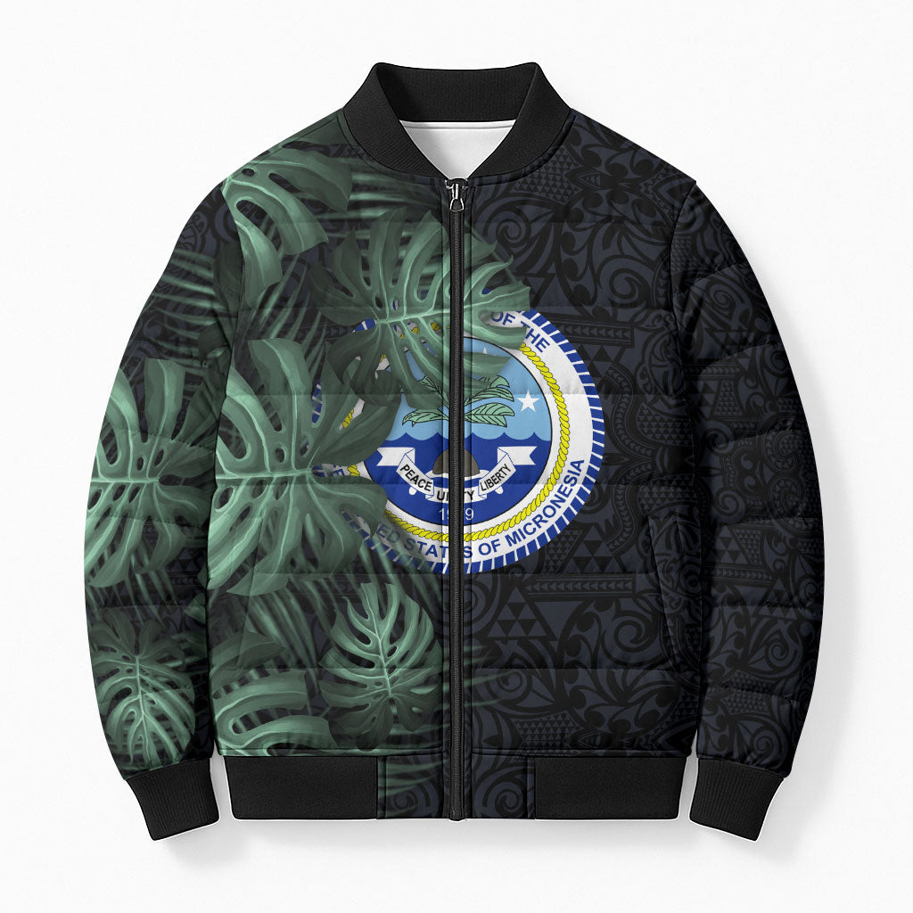 Federated States Of Micronesia Bomber Puffer Jacket FSM Tropical Monstera Leaf Dark Tribal Pattern TS04 Unisex Black Green - Polynesian Pride