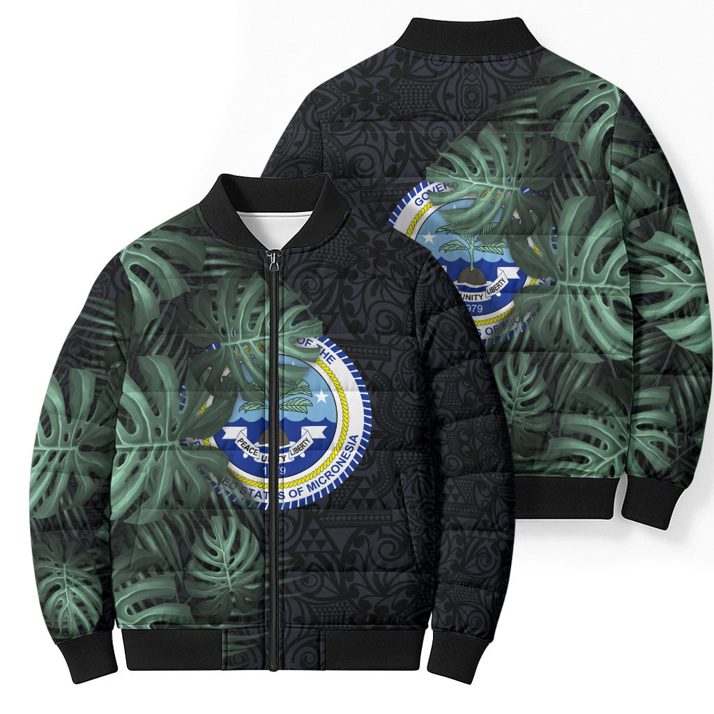 Federated States Of Micronesia Bomber Puffer Jacket FSM Tropical Monstera Leaf Dark Tribal Pattern