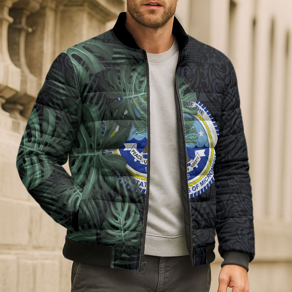 Federated States Of Micronesia Bomber Puffer Jacket FSM Tropical Monstera Leaf Dark Tribal Pattern
