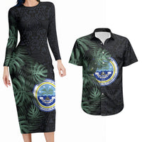 Federated States Of Micronesia Couples Matching Long Sleeve Bodycon Dress and Hawaiian Shirt FSM Tropical Monstera Leaf Dark Tribal Pattern TS04 Black Green - Polynesian Pride