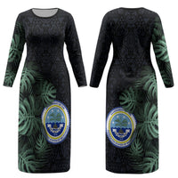 Federated States Of Micronesia Couples Matching Long Sleeve Bodycon Dress and Hawaiian Shirt FSM Tropical Monstera Leaf Dark Tribal Pattern TS04 - Polynesian Pride