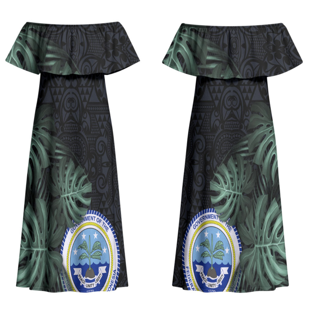 Federated States Of Micronesia Couples Matching Off Shoulder Maxi Dress and Long Sleeve Button Shirt FSM Tropical Monstera Leaf Dark Tribal Pattern TS04 - Polynesian Pride