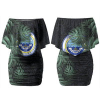 Federated States Of Micronesia Couples Matching Off Shoulder Short Dress and Hawaiian Shirt FSM Tropical Monstera Leaf Dark Tribal Pattern TS04 - Polynesian Pride