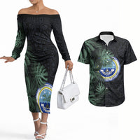 Federated States Of Micronesia Couples Matching Off The Shoulder Long Sleeve Dress and Hawaiian Shirt FSM Tropical Monstera Leaf Dark Tribal Pattern TS04 Black Green - Polynesian Pride
