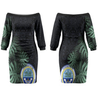 Federated States Of Micronesia Couples Matching Off The Shoulder Long Sleeve Dress and Hawaiian Shirt FSM Tropical Monstera Leaf Dark Tribal Pattern TS04 - Polynesian Pride