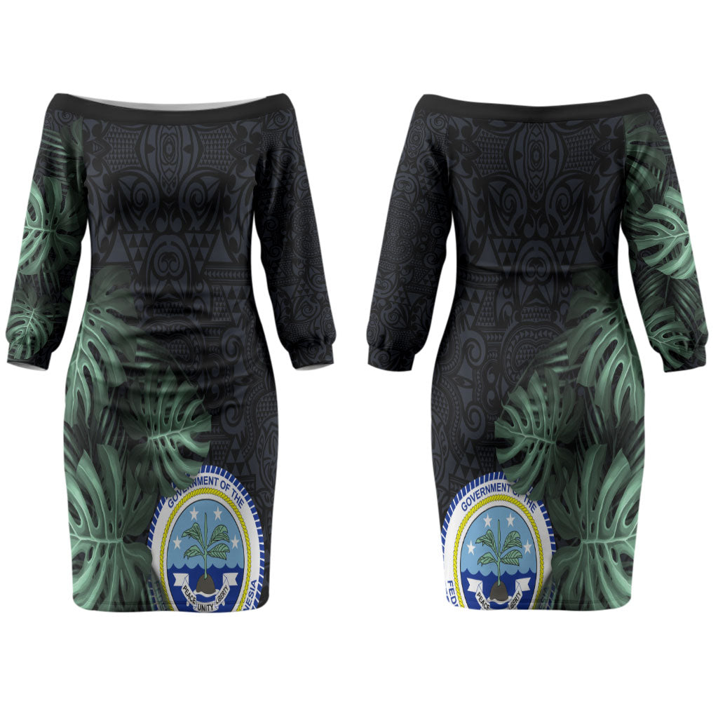 Federated States Of Micronesia Couples Matching Off The Shoulder Long Sleeve Dress and Long Sleeve Button Shirt FSM Tropical Monstera Leaf Dark Tribal Pattern TS04 - Polynesian Pride