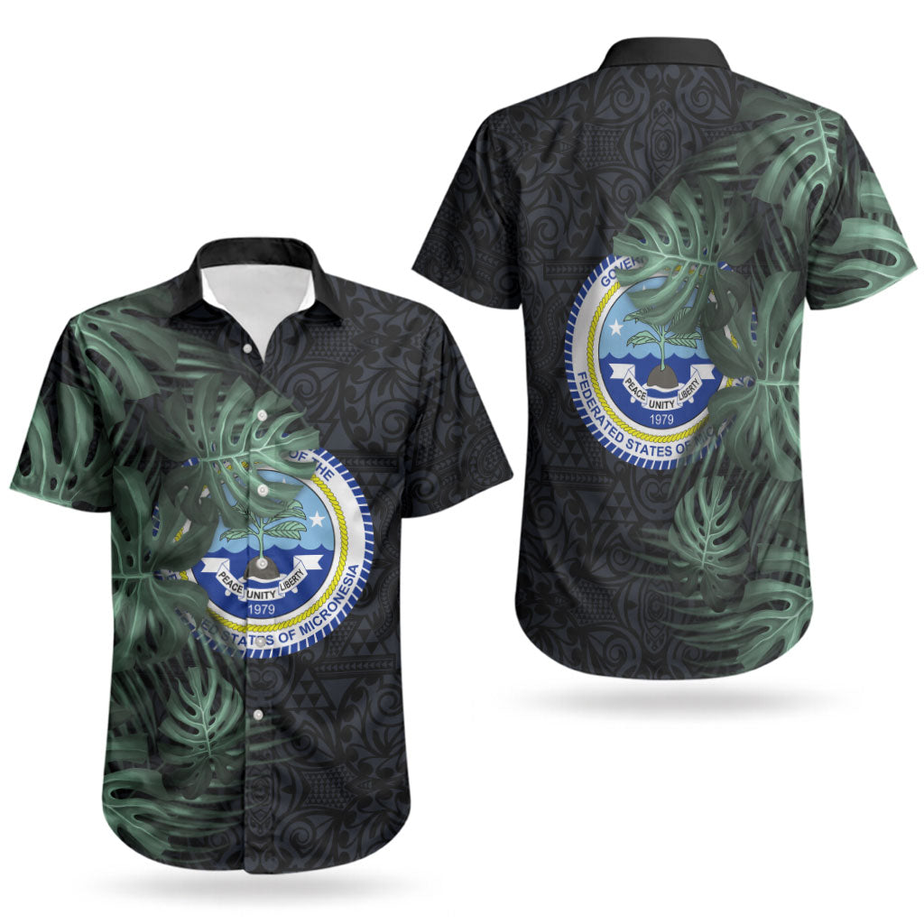 Federated States Of Micronesia Couples Matching Short Sleeve Bodycon Dress and Hawaiian Shirt FSM Tropical Monstera Leaf Dark Tribal Pattern TS04 - Polynesian Pride
