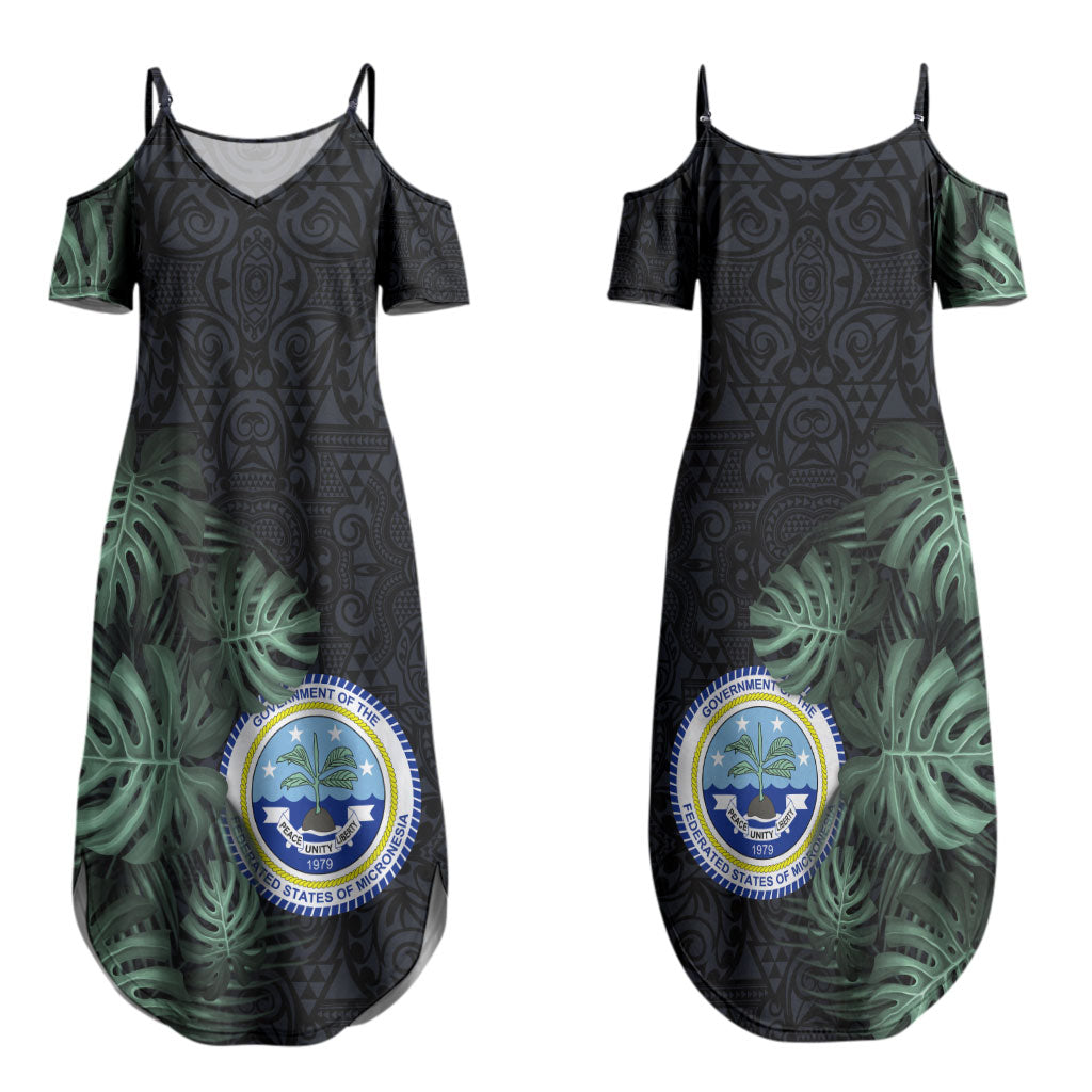 Federated States Of Micronesia Couples Matching Summer Maxi Dress and Long Sleeve Button Shirt FSM Tropical Monstera Leaf Dark Tribal Pattern TS04 - Polynesian Pride