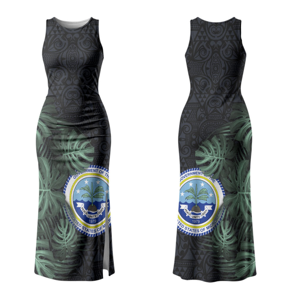 Federated States Of Micronesia Couples Matching Tank Maxi Dress and Hawaiian Shirt FSM Tropical Monstera Leaf Dark Tribal Pattern TS04 - Polynesian Pride