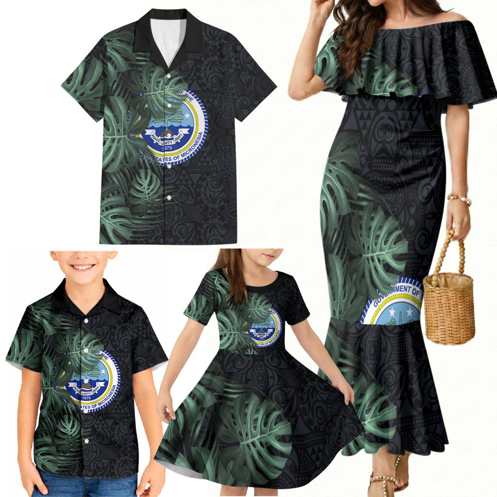 Federated States Of Micronesia Family Matching Mermaid Dress and Hawaiian Shirt FSM Tropical Monstera Leaf Dark Tribal Pattern TS04 - Polynesian Pride
