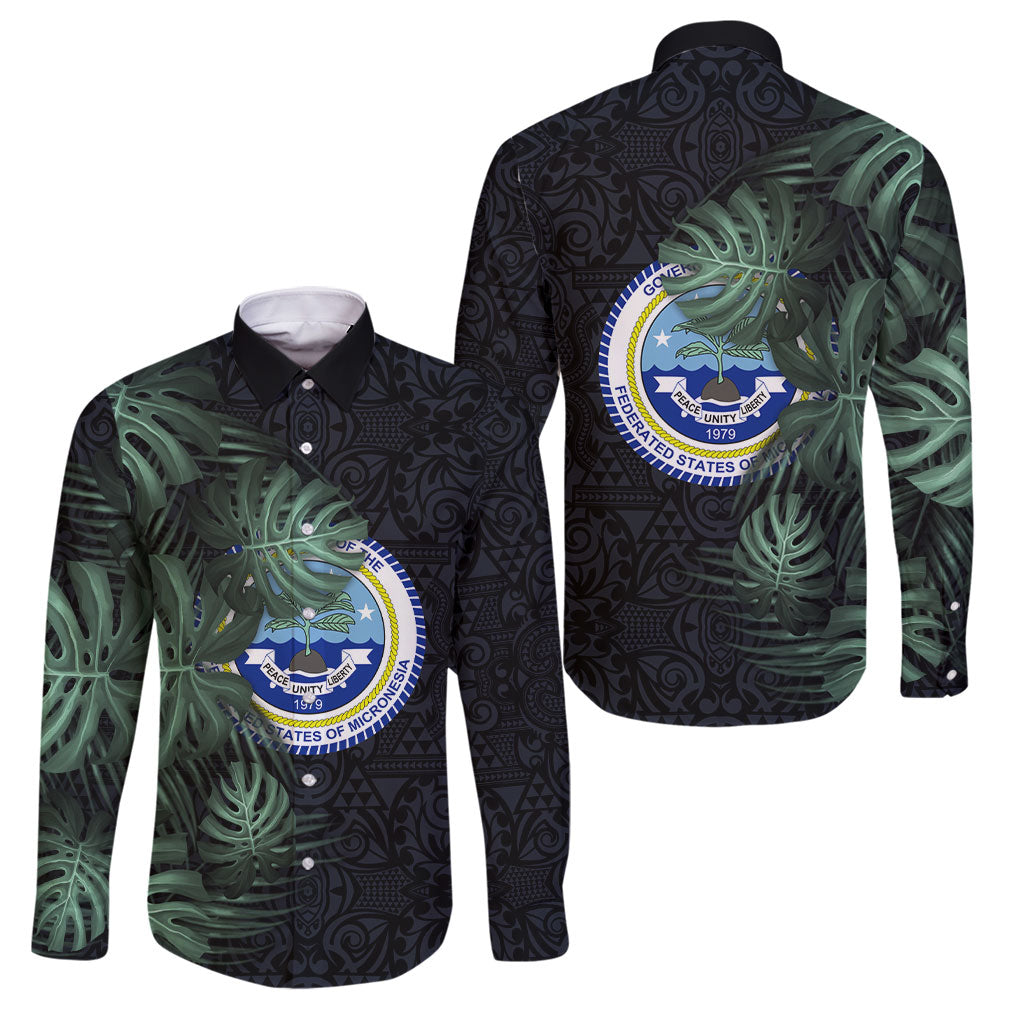 Federated States Of Micronesia Family Matching Mermaid Dress and Hawaiian Shirt FSM Tropical Monstera Leaf Dark Tribal Pattern TS04 Dad's Shirt - Long Sleeve Black Green - Polynesian Pride